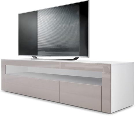 Vladon Lowboard Valencia, Made in Germany, TV-Kommode mit 1 offenem Fach und 2 Klappen, Weiß matt/Sandgrau Hochglanz/Sandgrau Hochglanz (155 x 46 x 40 cm)