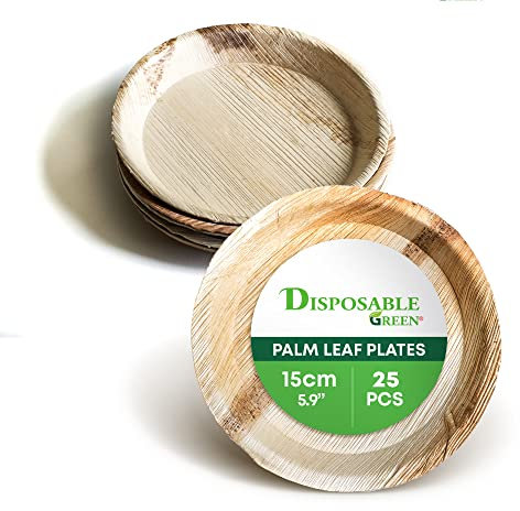 DISPOSABLE GREEN – Round Disposable Plates, Areca Leaf Serving Plates, Dinner Plates for Parties, Weddings, Catering, & More, Disposable Plates for Hot Food & Cold Food, 15 x 2cm, 25-Pcs