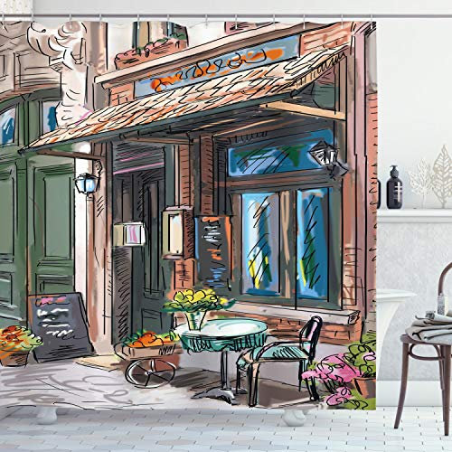 ABAKUHAUS Stadt Duschvorhang, Strasse Paris Cafe Essen, Stoffliches Gewebe Badezimmerdekorationsset mit Haken, 175 x 200 cm, Grün Hellbraun