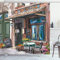 ABAKUHAUS Stadt Duschvorhang, Strasse Paris Cafe Essen, Stoffliches Gewebe Badezimmerdekorationsset mit Haken, 175 x 200 cm, Grün Hellbraun