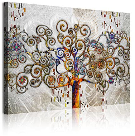 DekoArte 356 - Impression Sur Toile Moderne D'Images Artistiques | Toile Décorative Pour Votre Salon Ou Votre Chambre | Style Art Abstrait Arbre De La Vie Gustav Klimt Argenté | 1 Pièce 120 x 80 cm