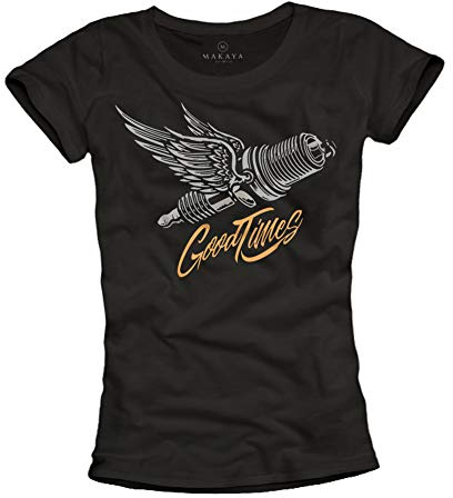 MAKAYA Biker Top for Girls - Message Good Times - Women's Graphic T-Shirt Black Size XL