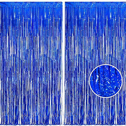 BRAVESHINE 2PCS Glitter Blue Foil Fringe Curtain Backdrop - 1x2.5m Sparkle Tinsel Metallic Curtains for Graduation Decorations 2026 Birthday Wedding Photo Backdrop Christmas Disco Party Decorations