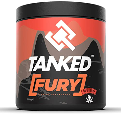 Tanked FURY, Extreme Endurance & Pump Pre-Workout Powder, 40 Servings - Sports Nutrition Energy Drink Supplement - Zero Sugar, Tastes Like Candy - Red Berry, 260g.