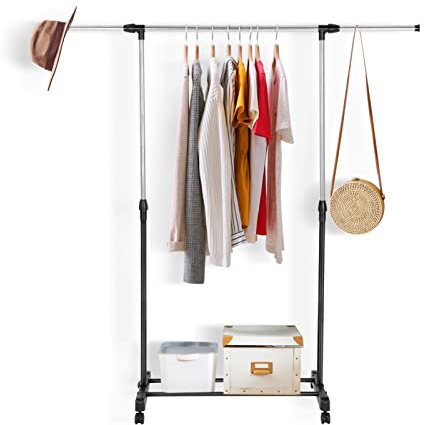MorNon kleiderständer Stabil auf Rollen Kleiderstange Rollgarderobe Garderobenständer Verstellbare Coat Rack Ausziehbarer Kleiderbügel Schwarz
