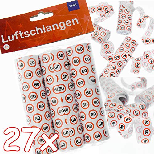 Carpeta 27 Luftschlangen * 60. Geburtstag * als Deko für Party und Birthday | 3 Rollen mit je 9 Schlangen mit Verkehrsschild Zahl 60 | Tischdeko Streamer