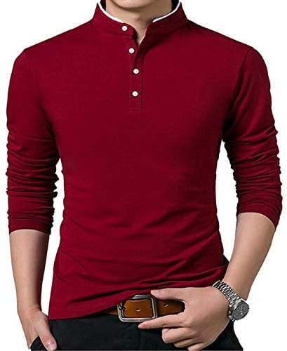 Mens Polo Shirts Long Sleeve Grandad Collarless T Shirt Casual Fashion T-Shirt Cotton Basic Henley Tops Red, XL