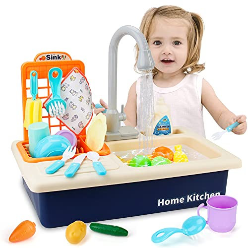 Giocattoli da Lavello per Bambini,Lavastoviglie Elettrica,Giocattoli di Ruolo per Finta con Rubinetto & Playset di Piatti per Bambine,Bambini e Ragazzi (Blu)