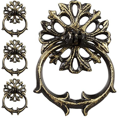 4 x Türklopfer antik, Anschlagring für Haustür, Landhausstil, Gusseisen, Klopfring, HBT: 13 x 9,5 x 2 cm, schwarz/bronze