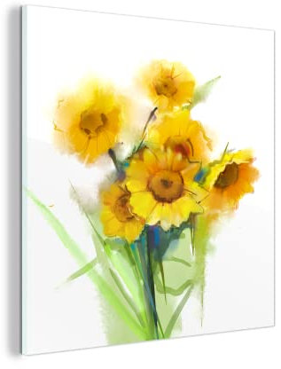 MuchoWow Glasbild Glasfoto Wandbild Bilder Deko 20x20 cm Ölfarbe - Sonnenblumen - Farben