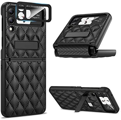 Doeshine für Samsung Z Flip 3 Hülle, Galaxy Z Flip 3 Folable Handyhülle mit Ständer & Kameraschutz, [Scharnierschutz] 360 grad Schutz Premium Leder Schutzhülle für Samsung Galaxy Z Flip 3 5G (Schwarz)