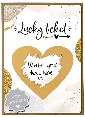 Joli Coon Lucky Ticket Scratch Cards, Golden Glamour, with envelope | 350gsm designer paper, tactile UV finish, natural envelope with gold heart, scratch panel