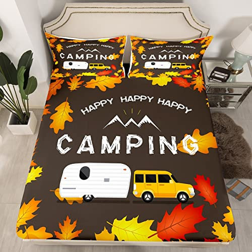 Camper Bettwäsche 90 x 200 Happy Camping Spannbettuch Wohnmobil Bergwagen Spannbettlaken Ahorn Blätter Herbst Bettwäsche Set für Kinder Rot Gelb Weiß Spannbetttuch Weich Mikrofaser Mit 1 Kissenbezug