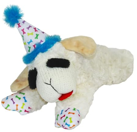 Multipet Lamb Chop Dog Toy with Birthday Hat, Blue, 10.5