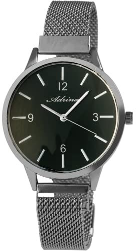 Adrina Damen-Uhr Meshband Edelstahl Magnetverschluß Quarz Analog 1300023 (silberfarbig dunkelgrün)
