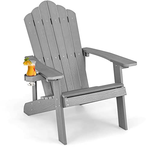 GOPLUS Fauteuil de Jardin Exterieur Relaxant, 77 x 86 x 94 CM, Chaise Adirondack en Plastique Ergonomique avec Porte-Gobelet, Dossier Haut, Charge 150 kg, Idéal pour Jardin, Terrasse, Piscine (Gris)