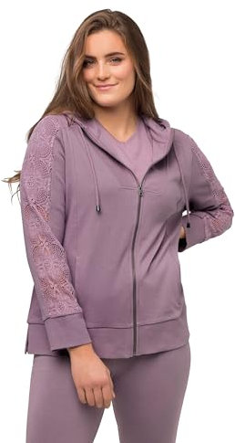 Ulla Popken Damen große Größen Übergrößen Plus Size Hoodiejacke, Spitze, Kapuze, Biobaumwolle grau-Flieder 54+ 816274183-54+