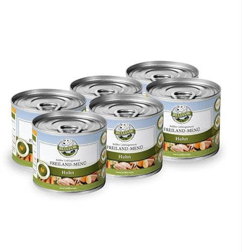 Bellfor Freiland-Menü Getreidefreies Nassfutter für Hunde mit Huhn 6 x 200 g, Hundefutter ohne Getreide und ohne Zuckerzusätze, Qualitätsernährung für Ihren Vierbeiner