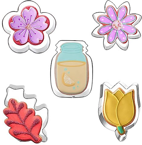 Kukifun 5 x Blumen-Ausstechformen-Set, Edelstahl-Backwerkzeuge, Gänseblümchen, Tulpe, Blatt und Einmachglas für DIY Kekse, Sandwiches, Frühlingsparty, Fondant, Muttertag, Kuchendekorationen
