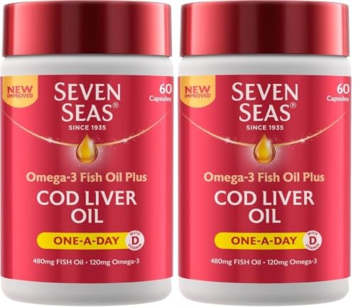 Seven Seas Cod Liver Oil Tablets with Omega-3, Fish Oil, One A Day, 60 Capsules, EPA & DHA, with High Strength Vitamin D & A (Pack of 2)