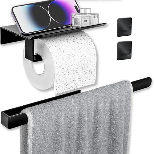 Gofodsil Porta Asciugamani Bagno Adesivo 37cm, Portarotolo Carta Igienica Senza Foratura, Aggiuntivi Due Ganci Adesivi, Set Bagno Accessori Completo (Nero)