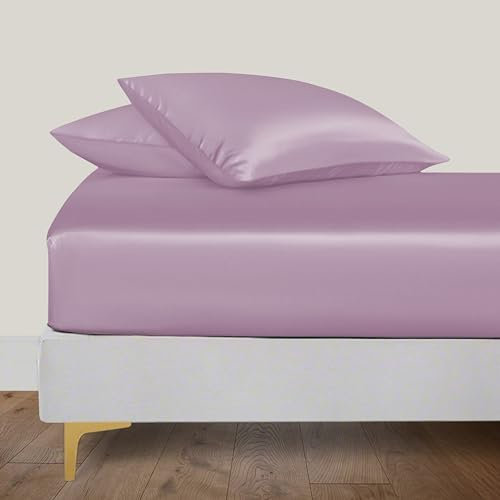 LINENWALAS Organic Vegan Bamboo Silk Fitted Sheet 120x200 cm, Deep Pocket up to 40 cm Soft, Oeko-Tex Certified Cooling Bamboo Bedding Only Fitted Sheet Perfect for Skin (Lilac)