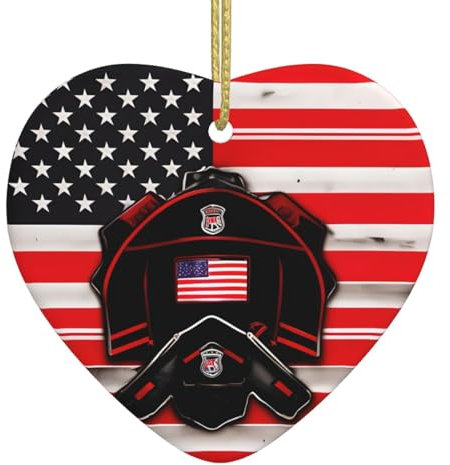 Weihnachtsbaumschmuck, rote Linie, Feuerwehrmann, USA-Flagge, Druck, Weihnachtsbaumschmuck, Herz-Keramik-Ornamente für Zuhause und Büro, zum Aufhängen