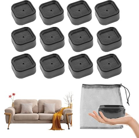 Lot de 12 Rehausseur Pieds de Lit Reglable, Rehausseur Pied de Lit Empilables en Plastique 3,5 cm, Pied Rehausseur Meuble avec Sac de Rangement en Filet, Hauteur Réglable, pour Lit, Table, Chaise