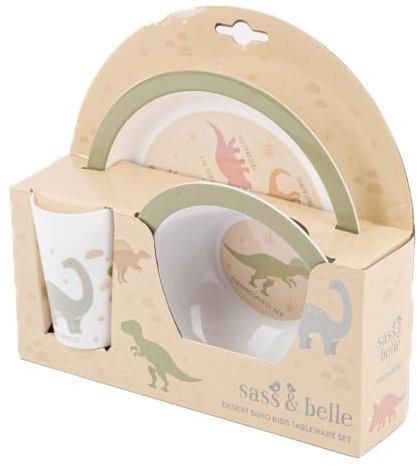 SCHÖNER LEBEN. Vajilla infantil de 3 piezas, dinosaurio de RPET blanco y verde, 26,5 x 6,5 x 24,5 cm
