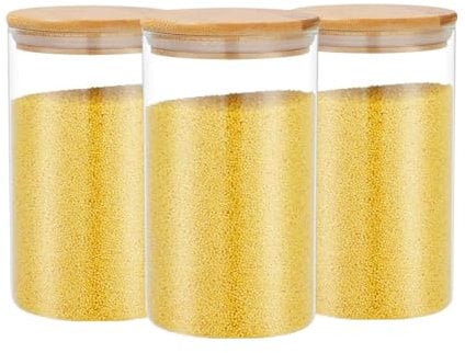 Ntulu 900ml, Set of 3, Glass Jars with Bamboo Lids - Airtight Food Storage Containers with Silicone Seal - Dishwasher Safe - Containers for Sugar, Coffee, Tea, Nuts, Spice, and Pasta