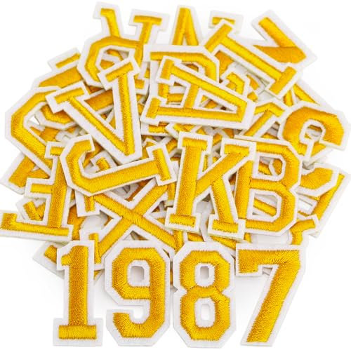 testlili 72PCS Iron on Letters and Numbers Patches for Clothes DIY Embroidered Patch A-Z, Numbers 0-9 Applique for Clothes Hats Backpacks Jackets Pants (Gold)