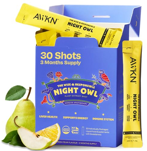 AWKN Korean Pear Juice Recovery Shot - Hangover Kit - Liver Support Supplement - Next Day Morning Recovery - Korean Red Ginseng, Choline, B Vitamins, Turmeric & Glutathione - Vegan - 30 x 20ml
