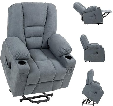 HOMCOM Oversized Riser and Recliner Chairs for the Elderly, Fabric Upholstered Lift Chair for Living Room with Remote Control, Side Pockets, Cup Holder, Grey