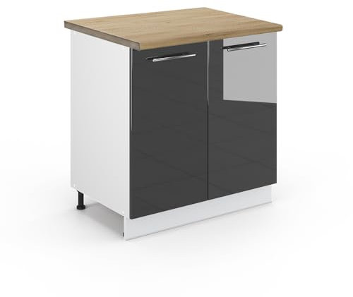 Vicco Spülenunterschrank Fame-Line, Anthrazit Hochglanz/Weiß, 80 cm mit Regal, AP Eiche