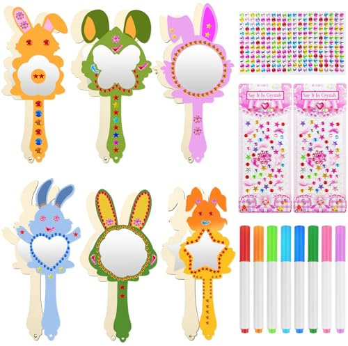 Annickee 12 Stück Holzspiegel zum Bemalen für Kinder Malen, DIY Hase Holzspiegel Handwerk, Spiegel Basteln Kinder mit Exquisite Geschenkbox und Aquarellstiften, Kindergeburtstag Holzspiegel mit Griff