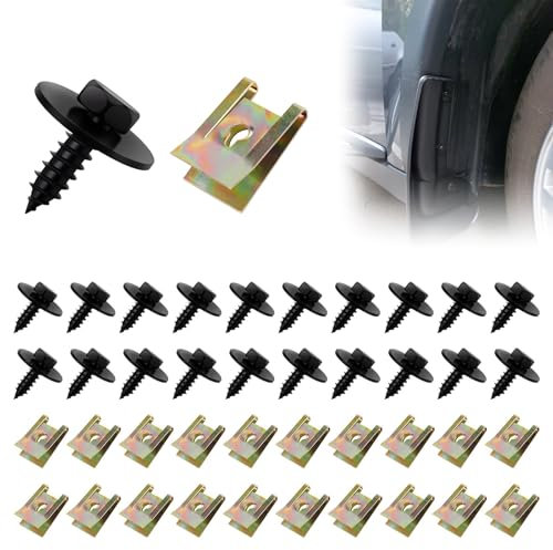 Lot de 40 écrous en tôle, Assortiment de vis, Clips de fixation, Assortiment Agrafes de Carrosserie, Ecrou Cage Voiture, U-Nuts de Panneau de Porte de Voiture, Pour voiture