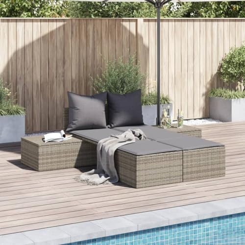 Homgoday Canapé-lit, lit de bain double avec coussins gris en polyrotin, canapé-lit, meubles de jardin, lit de piscine, chaise longue de jardin Model368391