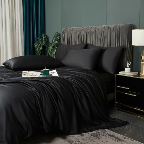 Luofanfei Bambus Bettwäsche 135x200cm 4teilig Schwarz Sommer Kühlende Uni Bambusfasern Lyocell Glänzend Bettwäsche Set Atmungsaktiv Bamboo Luxus Muster Bettbezüge Set und Kissenbezüge 80x80 cm