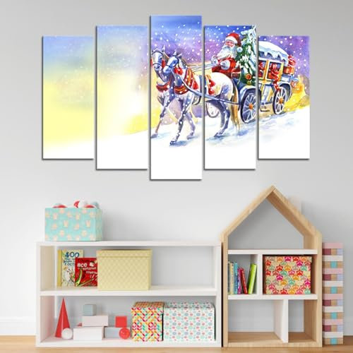 CUNNVN Papá Noel corriendo hacia un coche cargado de regalos 5 piezas de pinturas en lienzo HD para dormitorio habitación niños sala estar decor paredes dormitorio Ancho total*alto total: 100 * 55 cm