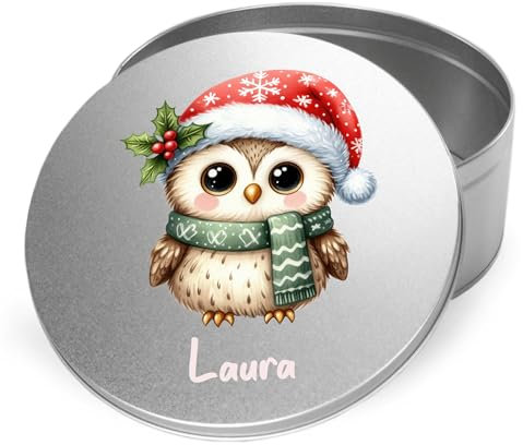 GRAZDesign Personalisierte Keksdose Weihnachten mit Eule Motiv und Name, Geschenkidee für Kinder, runde Plätzchendose aus Metall, Weihnachtsdeko mit Tiermotiv