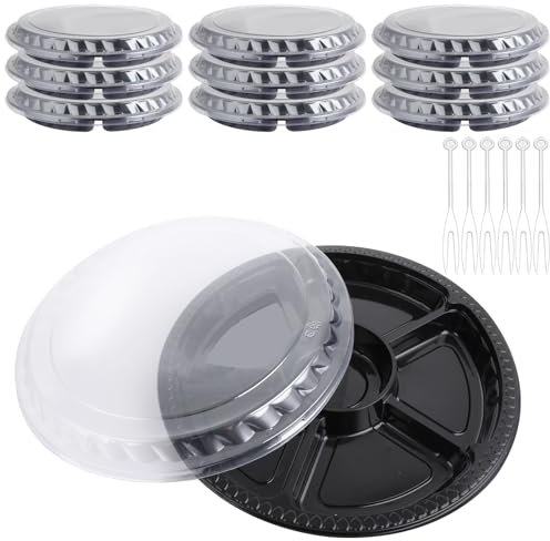 ZOFUN 10 Pcs Serving Trays for Parties, 31.5 x 5 cm Fruit Divided Serving Trays with Lids & Plastic Forks, Catering Compartment Trays with Lids, Airtight Food Trays for Party, Food, Appetizer