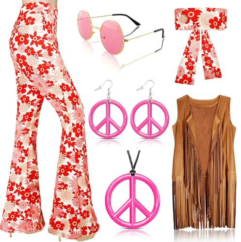 Deguisement Hippie Femme Annee 70, Ensemble de Costume Hippie Femme Année 70 et 60 Accessoires Costume Hippie Femme Adulte Déguisement Disco pour Carnaval Halloween