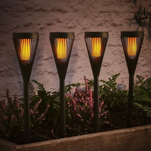 Lights4fun Set mit 4 LED-Solarfackeln, warmweiß, flackernde Flamme, 45 cm, Dekoration für Garten, Balkon, Außenbereich