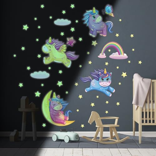 Ambiance Sticker Leuchtender Wandaufkleber für Decke, Kinder, fluoreszierend, Einhorn in den Sternen – H 160 x L 100 cm