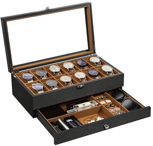 Uten Scatola Porta Orologi a 12 Scomparti, 2 Livelli Porta Orologi Legno, Coperchio in Vetro, Cuscino di Seta, Fodera Marrone, Idea Regalo, Catola Portagioielli per Orologi Uomo e Donna