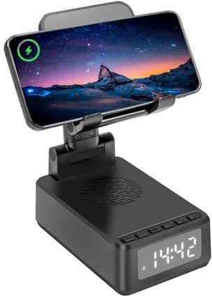 Carehabi Haut-Parleur Bluetooth 5 en 1 avec Support pour téléphone Portable, Chargeur sans Fil, Support de téléphone Portable avec réveil numérique, Cadeaux pour Hommes, Papa, Maman, Femme, Cadeau