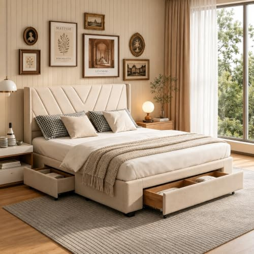 PerGar Polsterbett Doppelbett 140x200 cm, Bett mit Gepolstertes Kopfteil und Stauraum, Jugendbett Gästebett mit 3 Schubladen, Lattenrost, Linen,Ohne Matratze, Beige