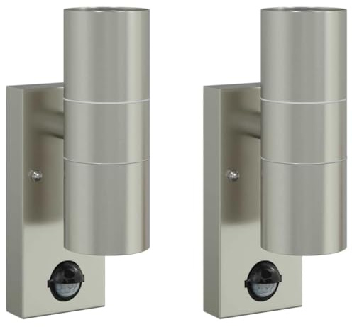 vidaXL Outdoor Wall Lights 2 pcs Silver 7 x 10 x 22 cm Stainless steel, Cylindrical Wall Sconce, Modern Outdoor Lighting, Water-Resistant Accent Light, Terrace Illumination, Architectural Fixture