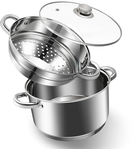 AuFranc® Dampfgarer aus Edelstahl 18/10 mit Glasdeckel, Induktion Dampftopf 24 Zentimeter, 5 Liter Dampfgarer Topf Stapelbar Kompatibel mit Allen Herdarten, Ungiftig zu Oven & Dishwasher Safe (Silber)
