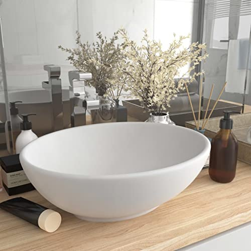 QJBSAVVA Ovales Waschbecken Matt Weiß 40x33 cm Keramik Aufsatzwaschbecken Modernes Design für Badezimmer Küche und Gästetoilette